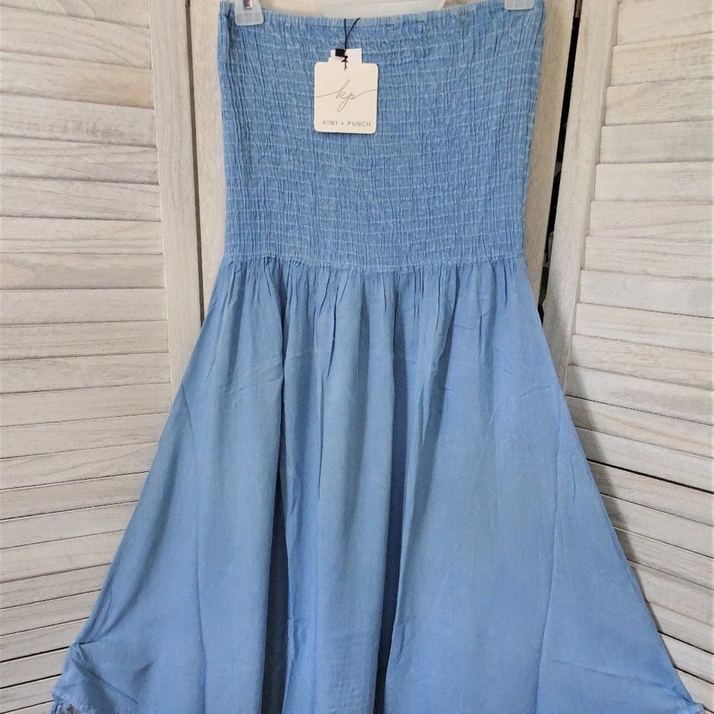 KIWI + PUNCH Fun Denim Strapless Fringed Dress